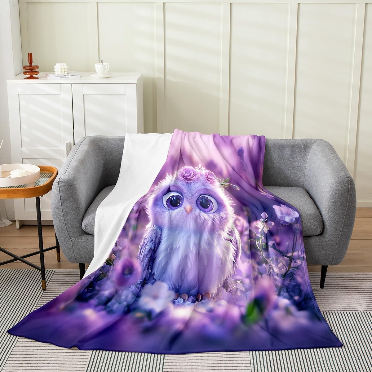Erosebridal Cute Owl Blanket Throw 50x60, Safari Animals Florals Throw Blanket for Sofa Bed, Kawaii Wildlife Printed Kids Teens Soft Fleece Blanket, Pink Purple Flowers All Seasons Fuzzy Blanket