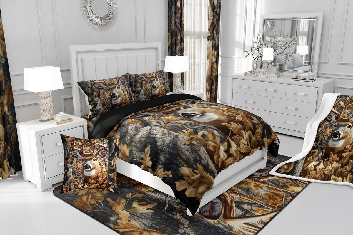 Feelyou Camo Deer Fleece Throw Blanket Throw 50"x60" Kids Western Deer Hunting Plush Blanket Boys Camo Moose Sherpa Blanket Camouflage Deer Hunting Fuzzy Blanket