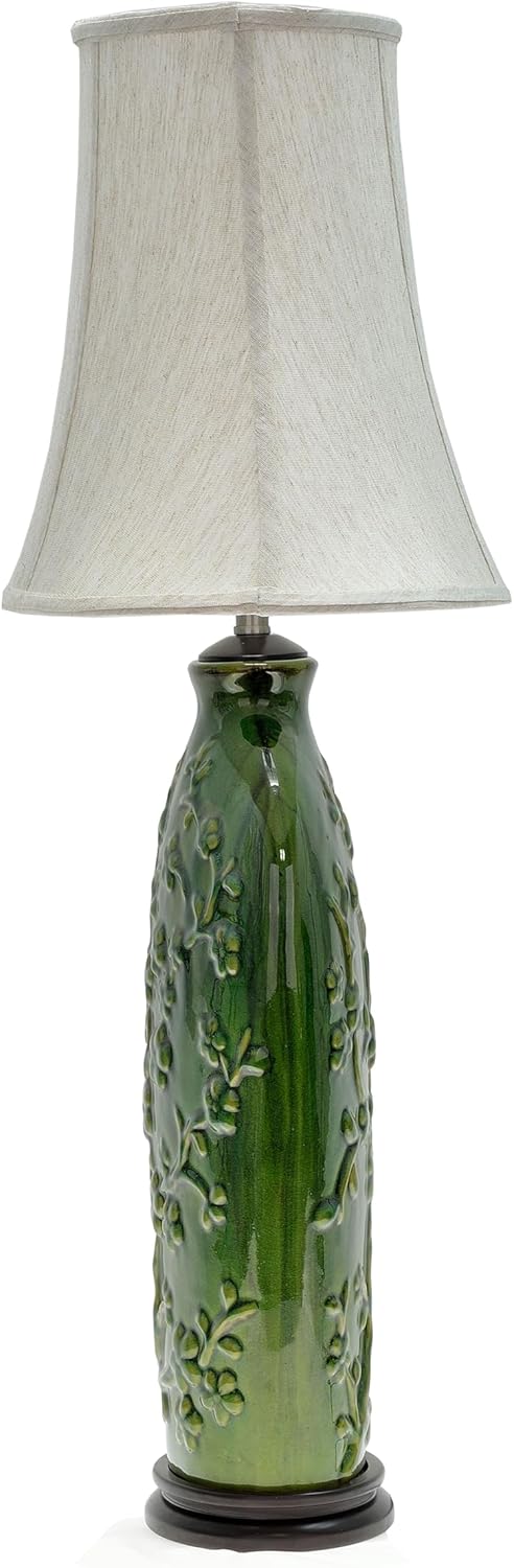 Aspen Creative 40013, 33 1/2" High Traditional Ceramic Table Lamp, Green with Dark Brown Wood Base and Oval Bell Shaped Lamp Shade in Off White, 20" x 11" Wide