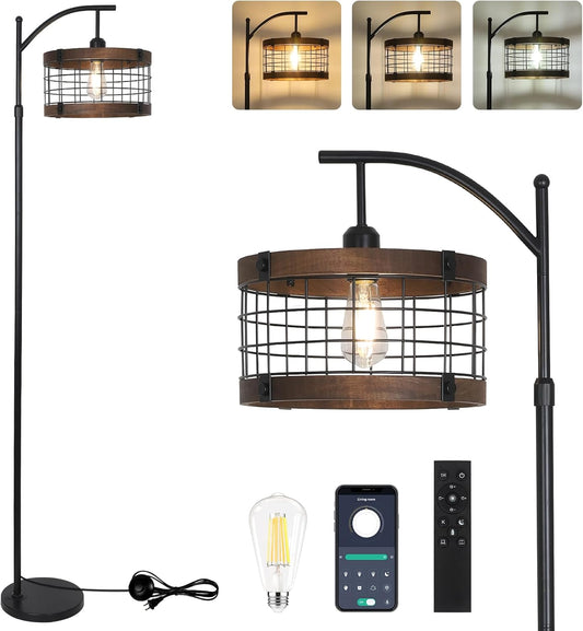 Arc Floor Lamp with Remote & Dimmable LED Bulb, Vintage Wood Floor Lamps for Living Room, Industrial Black Standing Lamp with 3 Color Temperature, Farmhouse Rustic Tall Lamp for Bedroom Office Corner