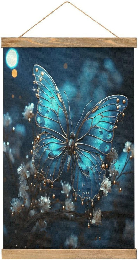 Vintage Blue Butterfly And Moon Poster with Wooden Frame Personalized Linen Hanging Scroll Painting Rustic Wall Hanging Illustrative Modern Artwork Decor for Home Living Room Bedroom Office