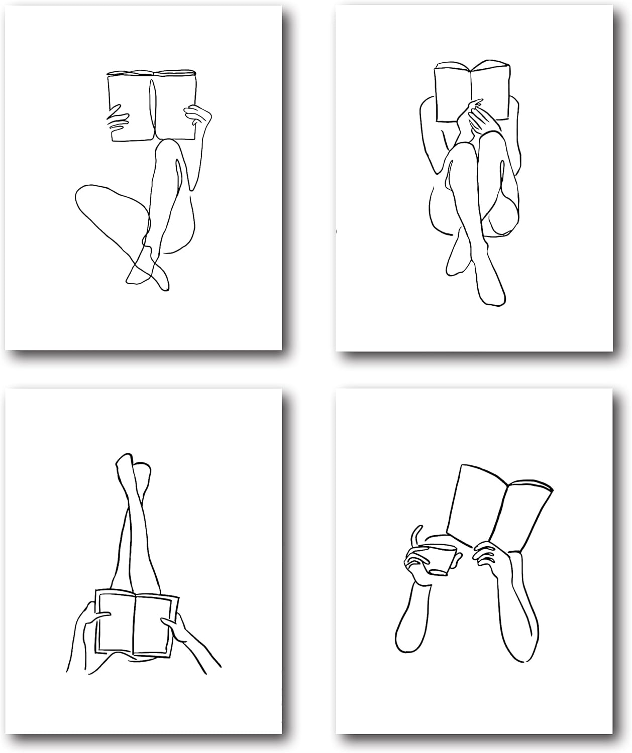 XWELLDAN Boho Minimalist Abstract Women Reading Book Line Drawing Wall Art Prints,Boho Reader Reading Gifts for Women,Reader Wall Art Decor for Home Reading Room,8 x 10 Inch Set of 4 Prints,Unframed