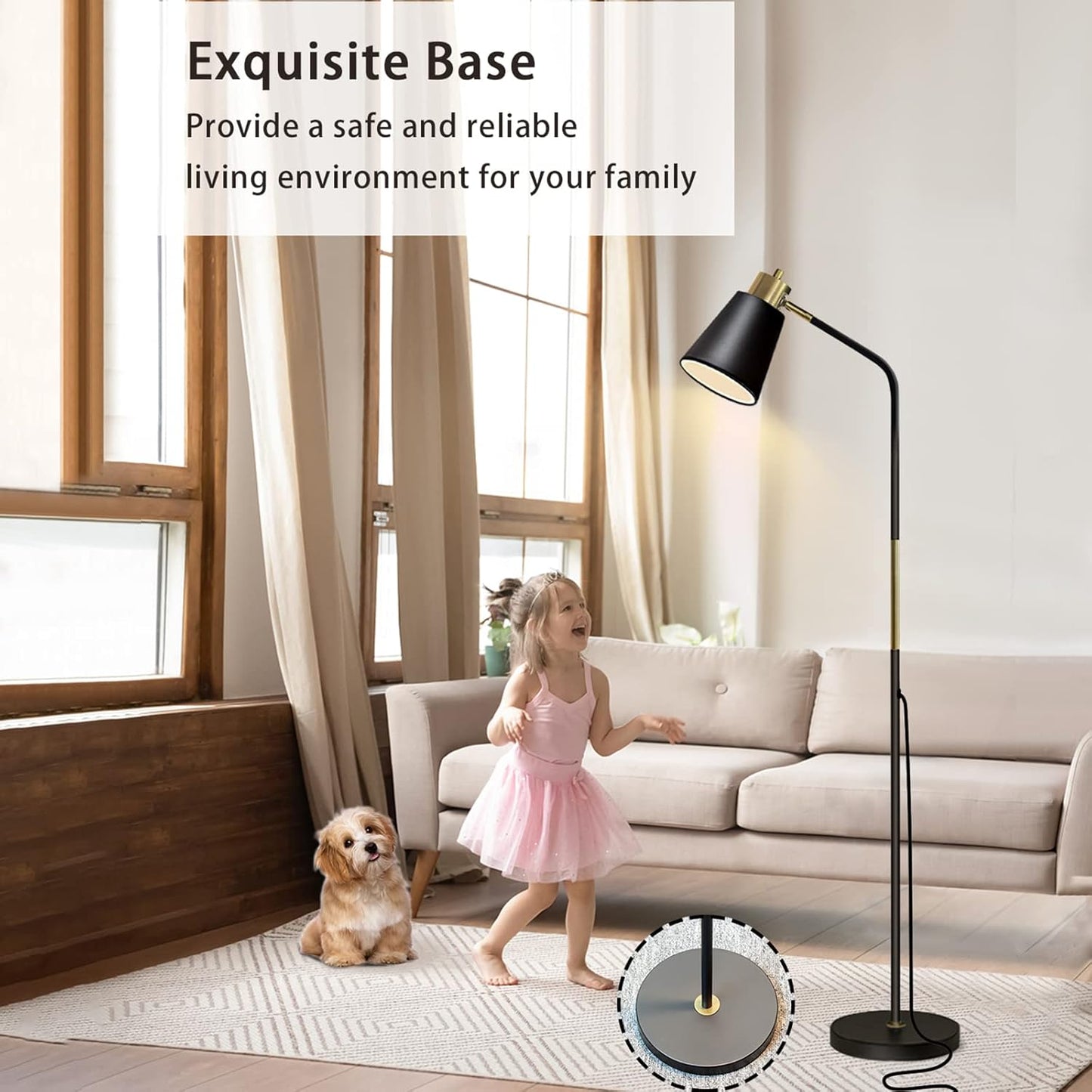 Floor Lamp, Industrial Floor Lamps for Living Rooms Rustic Farmhouse Reading Standing Floor Lamp Adjustable Metal Heads Indoor Task Lighting for Living Room Bedroom Office Home Décor (Black)