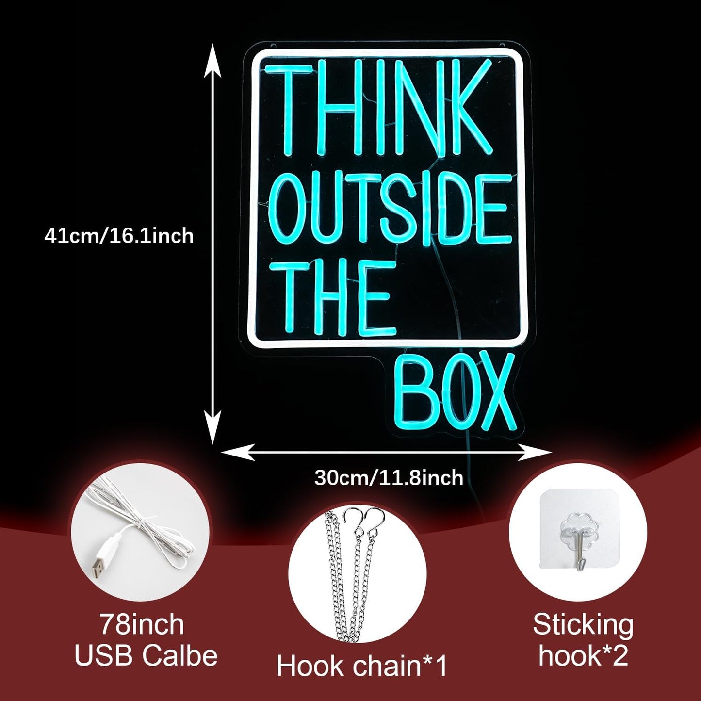 Think Outside The Box Neon Sign Dimmable USB Words Neon Light for Wall Decor Led Think Light Up Sign for Study Room Classroom Library Meeting Room Bedroom (Ice Blue White 16.1 * 11.8In)