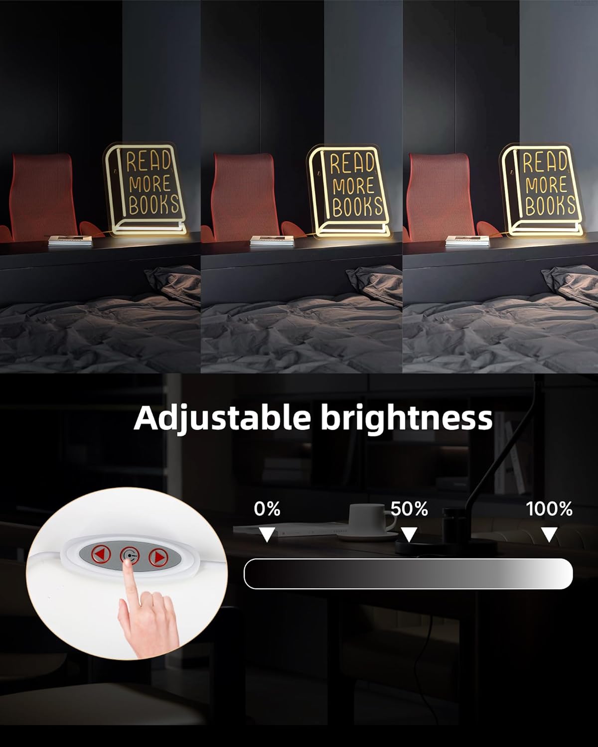 Read More Books Neon Sign - Dimmable Book Neon Lights LED Light Up Sign for Bedroom, Bookstore, Library, Study Room - Classroom and Museum Decoration (11.8"*10.6")"（1pack）
