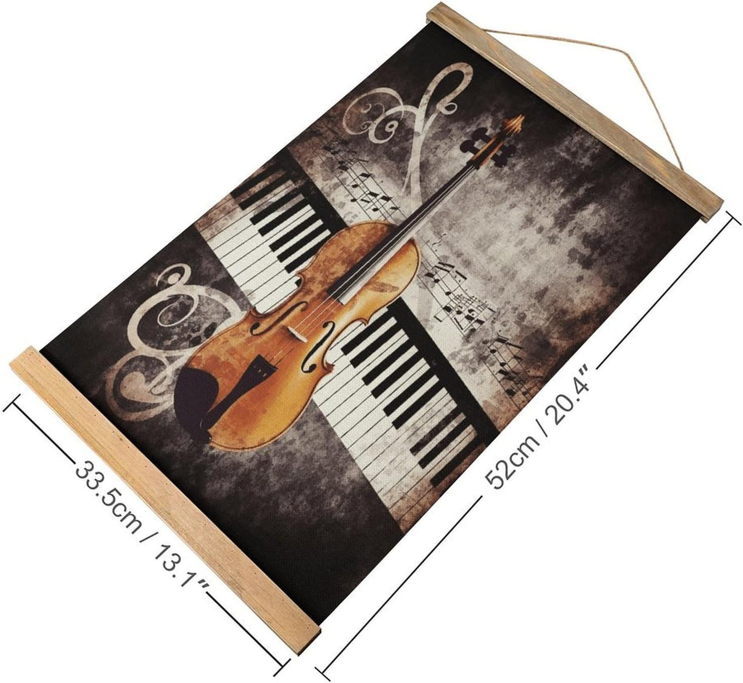 Vintage Piano Violin Music Notes Poster with Wooden Frame Personalized Linen Hanging Scroll Painting Rustic Wall Hanging Illustrative Modern Artwork Decor for Home Living Room Bedroom Office