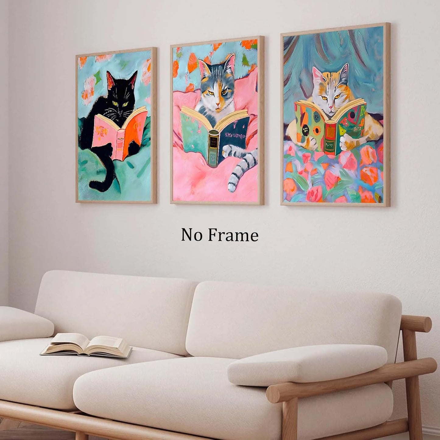 Cat Reading Book Picture Cute Cat Posters Vintage Cats Reading Books Canvas Wall Art Aesthetic Animal Print Pink Funny Animal Poster Pop Wall Art Cat Preppy Black Cat Wall Art 16x24inchx3pcs No Frame