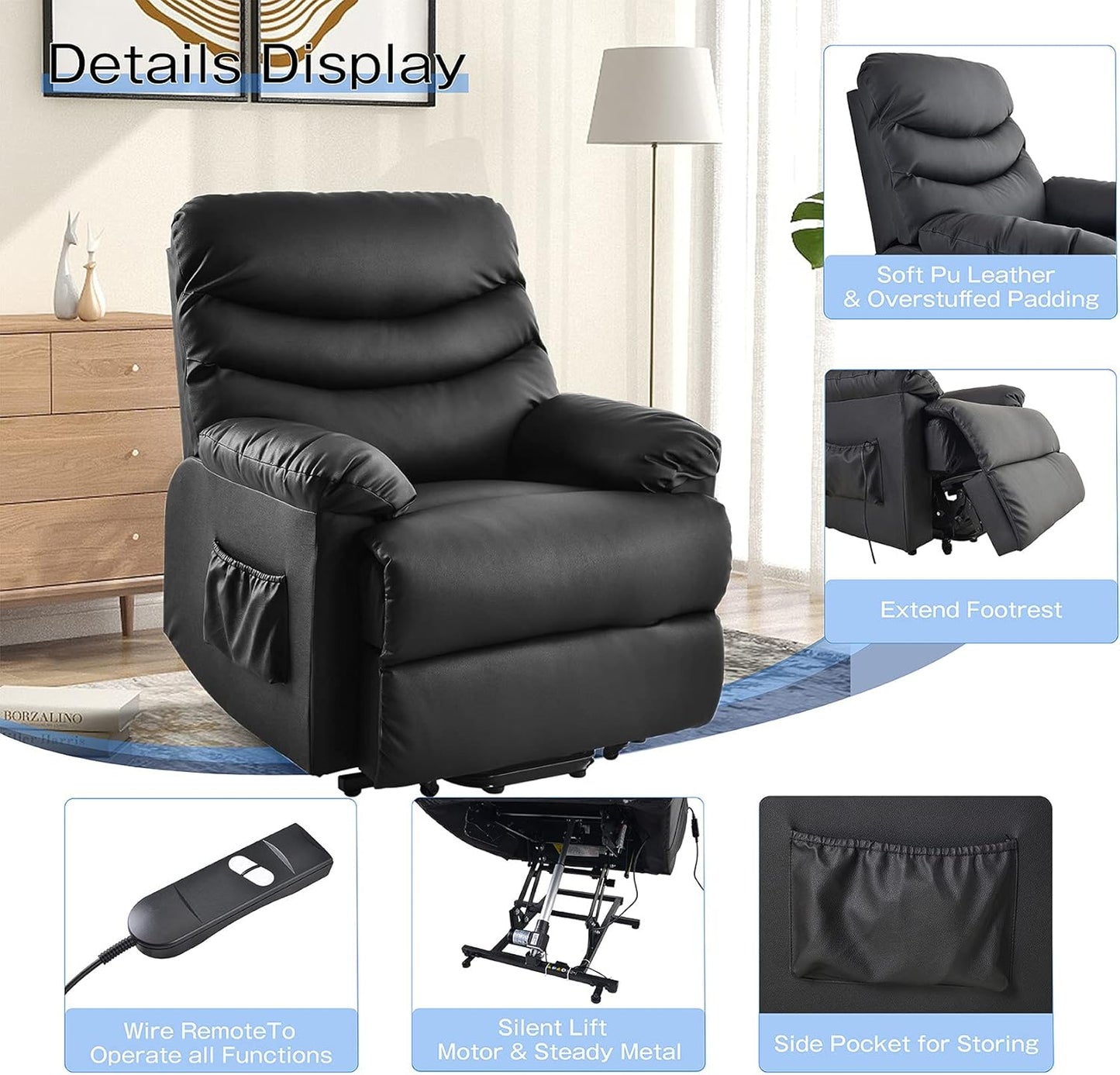 Power Lift Recliner Chair for Elderly PU Leather Single Sofa Reading Chair with Side Pockets Home Theater Seating Ergonomic Lounge Chair