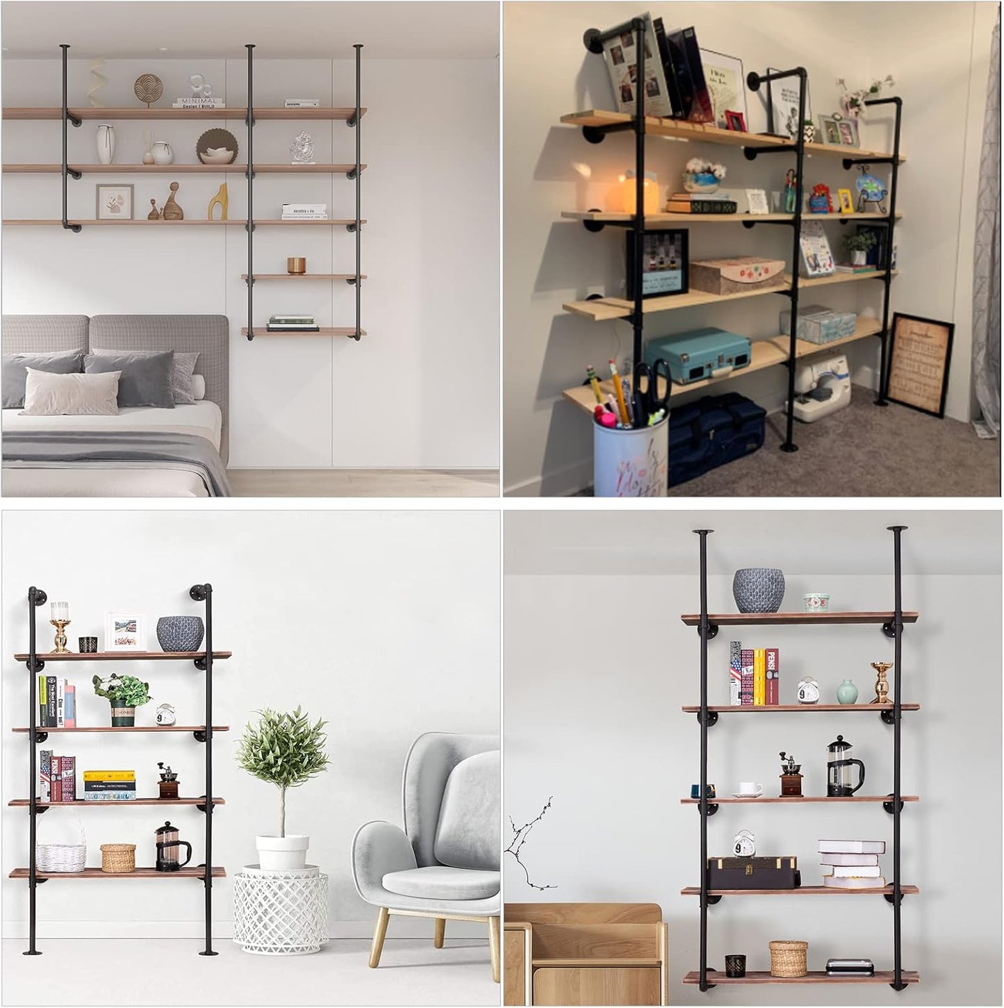 Industrial Iron Pipe Shelf Wall Mount, Farmhouse DIY Open Bookshelf, Pipe Shelves for Kitchen Bathroom, bookcases Living Room Storage, 2Pack of 5 Tier