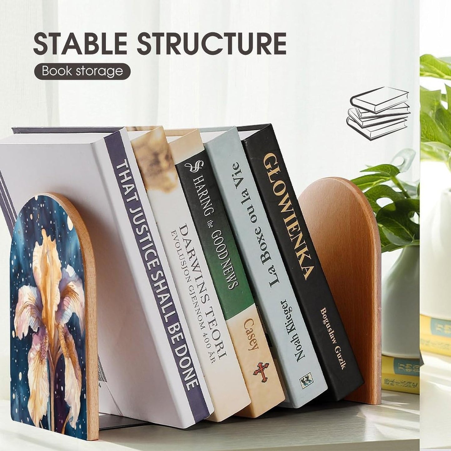Iris Flower Image Bookend for Shelves Wooden Book End Large Size Sturdy Book Holders Stoppers with Metal Base for Bookshelves Slick Decorative Bookends Stands