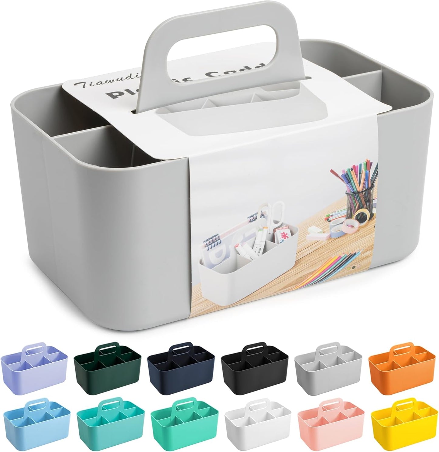 Tiawudi Multipurpose Caddy Organizer, Plastic Caddy with Handle, Stackable Desk Organizer for Stationery, Marker and Pencil, Office Supplies Organizer, Dorm Caddy