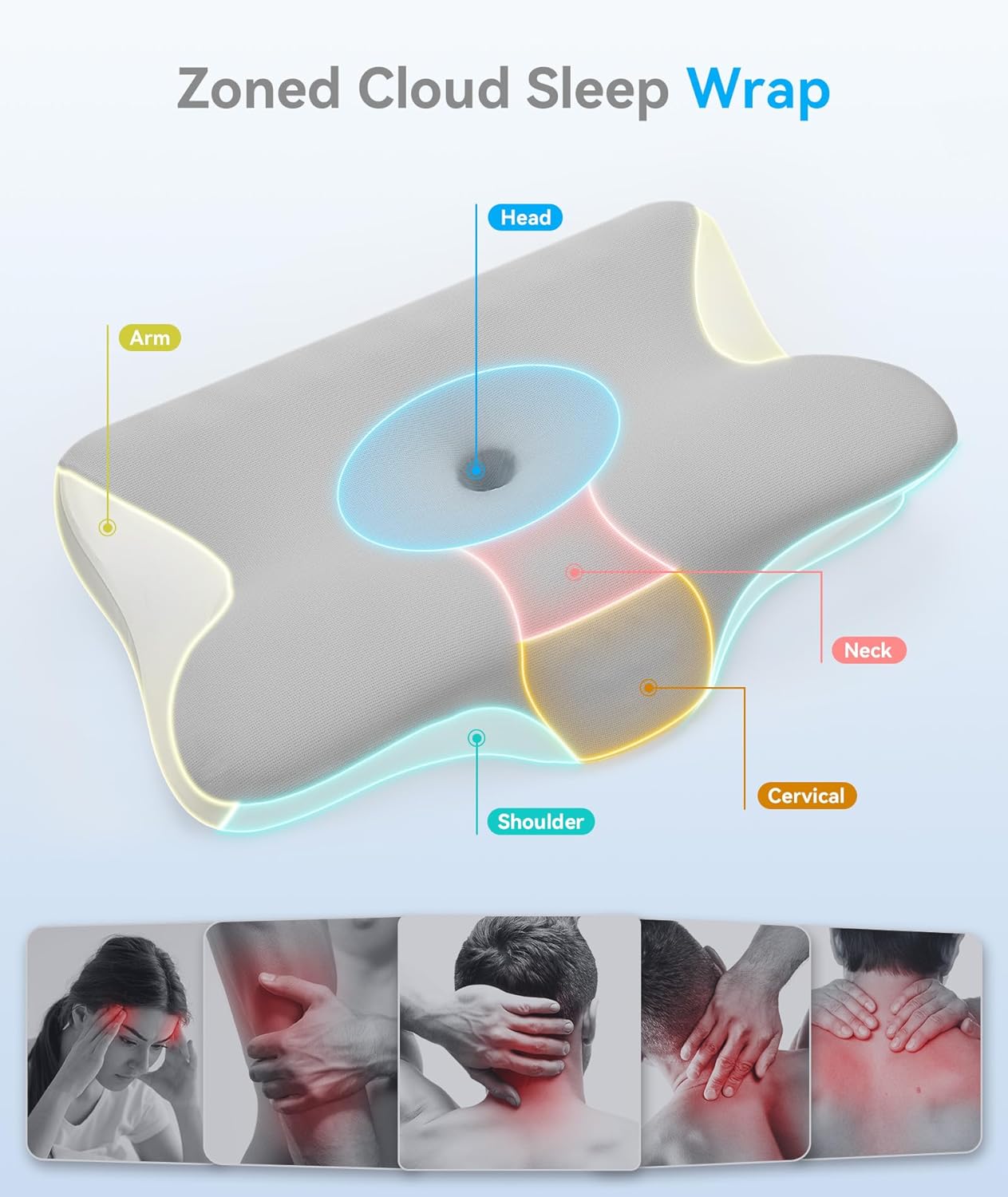 Cervical Neck Pillow for Pain Relief - Cervical Pillow for Side Back Stomach Sleepers, Ergonomic Orthopedic Support Pillow for Sleeping with Memory Foam, Cooling Pillowcase, Grey
