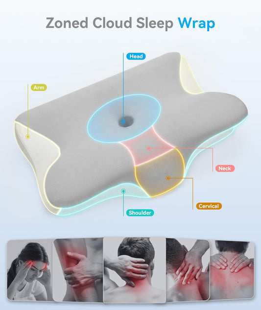 Cervical Neck Pillow for Pain Relief - Cervical Pillow for Side Back Stomach Sleepers, Ergonomic Orthopedic Support Pillow for Sleeping with Memory Foam, Cooling Pillowcase, Grey