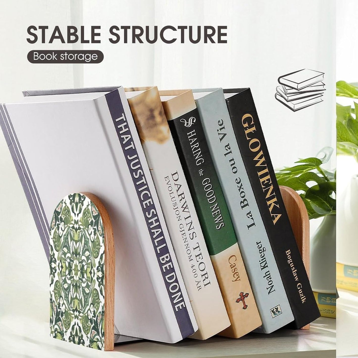 Green Decorative Pattern Bookends 1 Pair Heavy Duty Book Ends for Shelves Non-Skid Bookend Supports Wooden Book Holders with Metal Base Desk Organizers Books Storage to Hold Books
