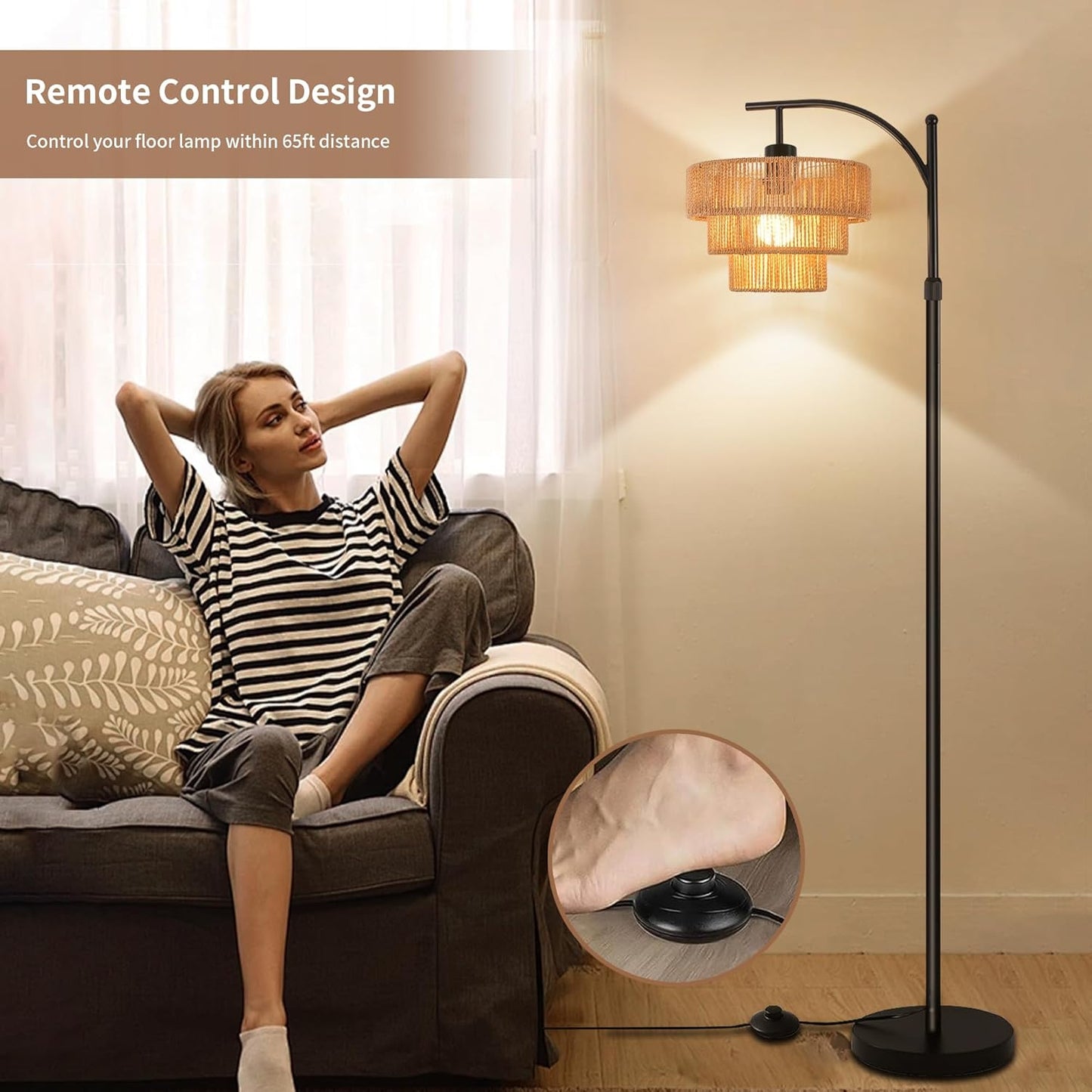 Boho Floor Lamp for Living Room Bedroom with Remote,Arc Farmhouse Floor Lamps with 3 Color Temperature,Rustic Standing Lamp with 3-Tier Rattan Wicker Shades,Adjustable Tall Lamp for Office,Corner