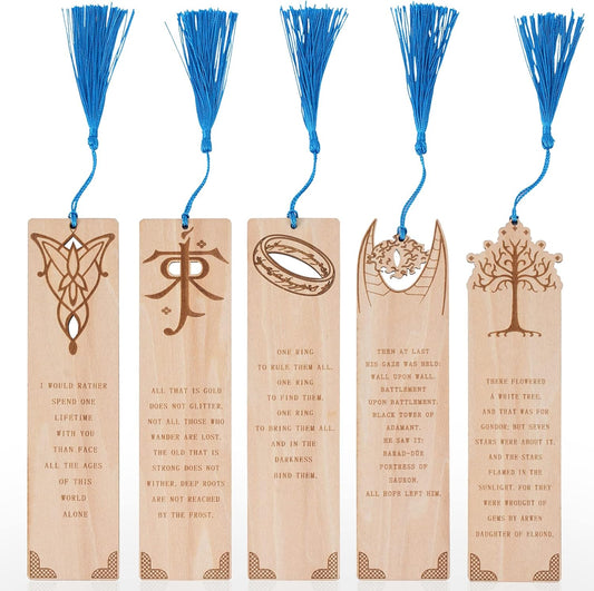 5 Pieces LOTRS Bookmark for Men & Women, Lord of Rings Themed Hobbits Bookmarks Set with Silk Tassel, Wooden Book Markers for Reading (Ideal for Gift)