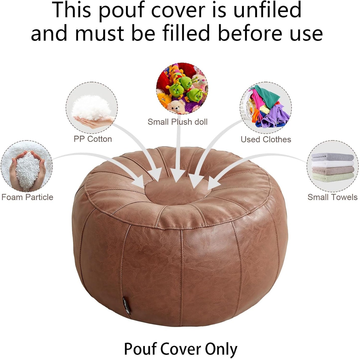 Louis Donné Unstuffed Pouf Stool Ottoman Footrest Cover Only Moroccan Vintage Storage Clothes Waterproof Faux Leather Small Bean Bag Cover Kits Reading Camping Travel pet Friendly (Only Cover)(Brown)