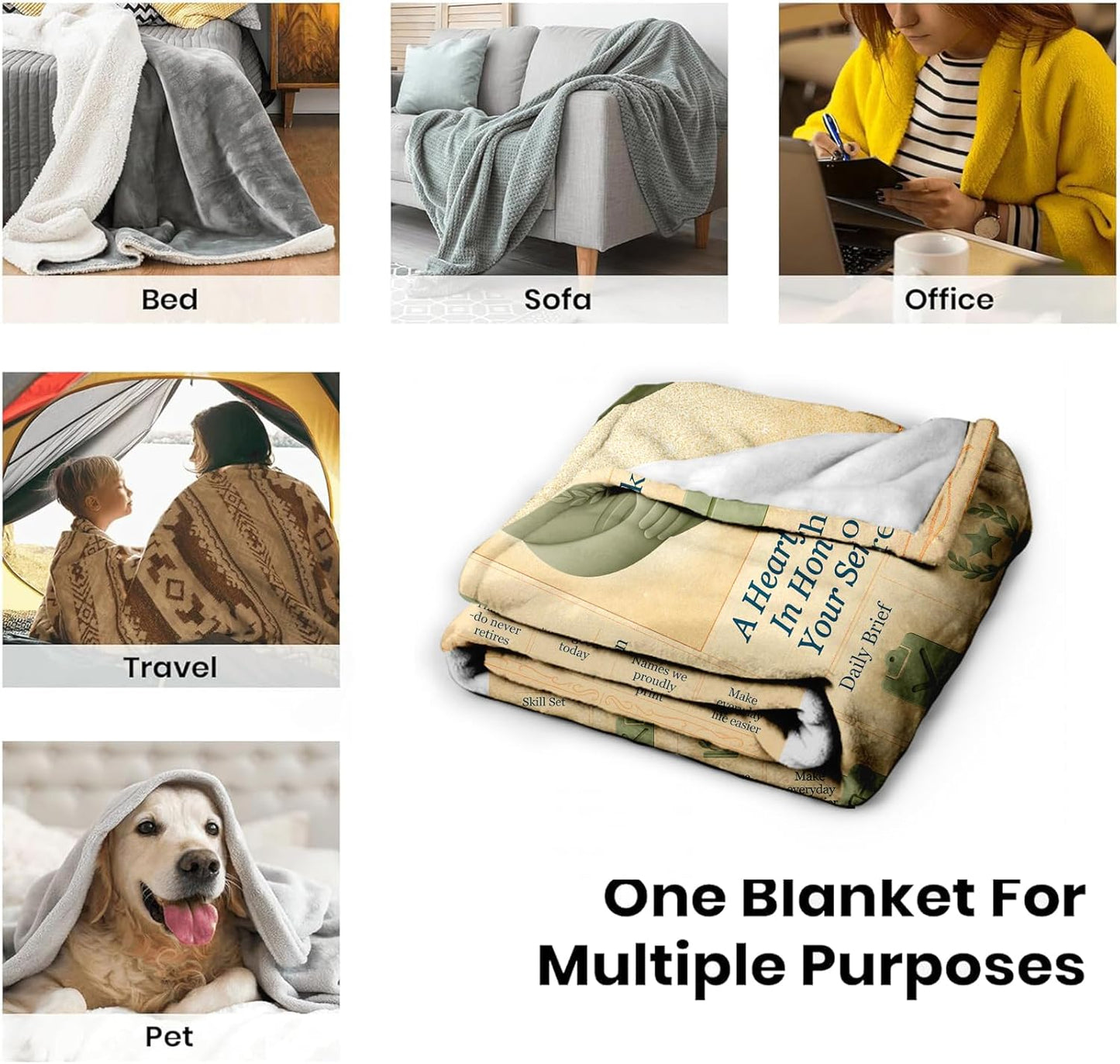 Veteran Appreciation Flannel Throw Blanket 60x50, Vintage Newspaper-Style Service Appreciation Throw, Soft Cozy Patriotic Couch or Bed for Men, Veterans Day, Retirement & Homecoming