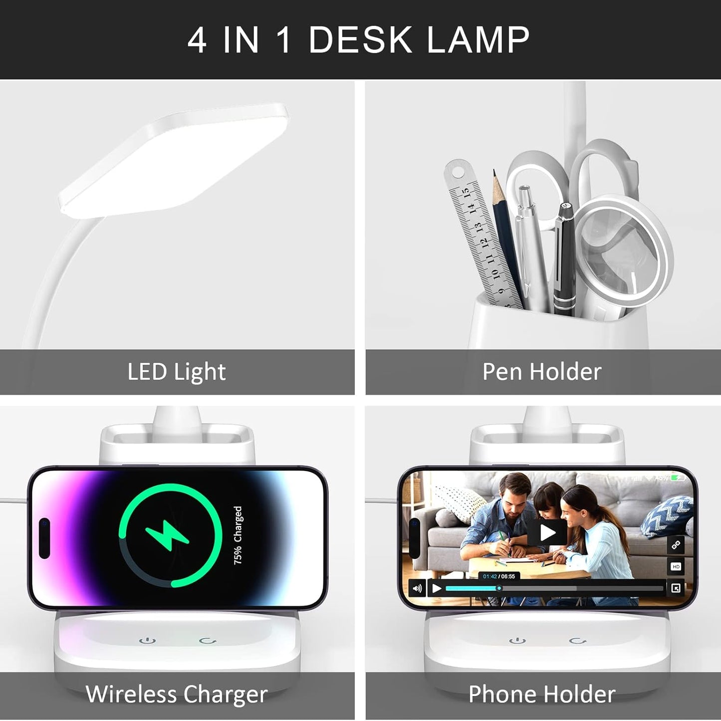무선 충전기가 있는 책상 램프 - 홈 오피스용 LED 책상 램프, 펜 홀더 포함, 800LM, 3가지 색상 모드, 유연한 암, 가정 대학 기숙사 방용 눈 관리 화이트 테이블 램프