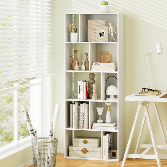 GOFLAME 5-Tier Geometric Bookcase, 63” Tall Freestanding Bookshelf with 10 Open Cubbies, Anti-Toppling Kits, Modern Cube Storage Organizer for Living Room, Bedroom, Home Office, White