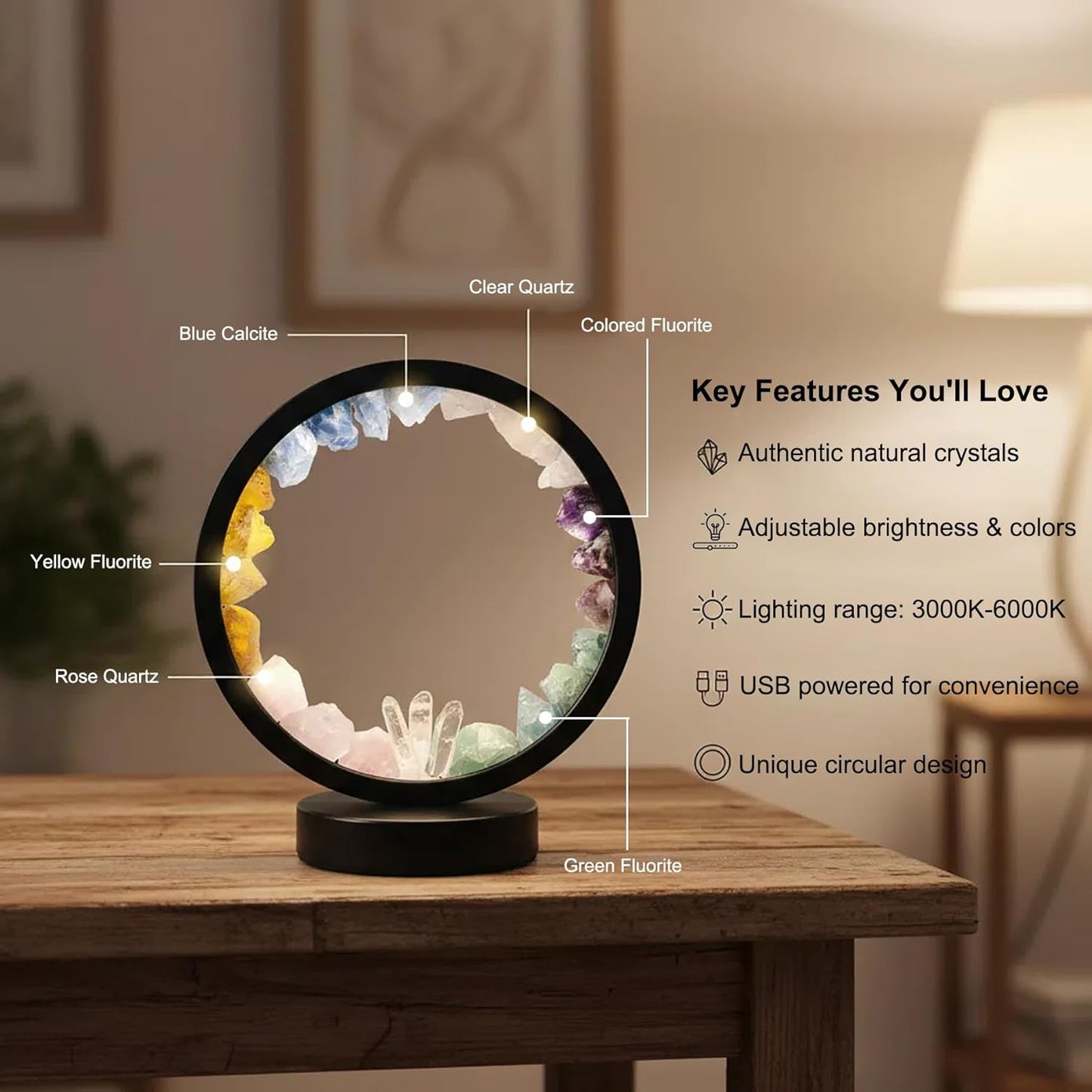 AMOYSTONE Natural Chakra Crystal Night Light with USB, Mixed Stones Round Meditation Lamp with 3-Color Control for Bedroom, Office & Home Decor (Push Button Switch)