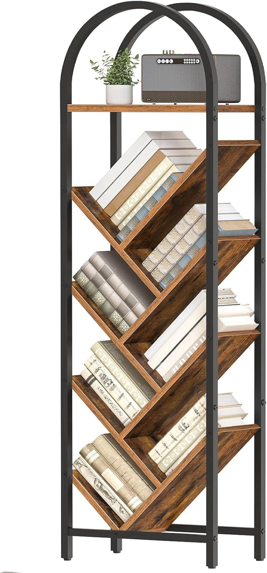 HOOBRO Tree Bookshelf, 8-Tier Floor Standing Bookshelf, Storage Organizer Bookcase for Books/CDs, Wooden Arched Tall Bookshelf for Living Room, Bedroom, Study, Rustic Brown and Black BF07SJ01