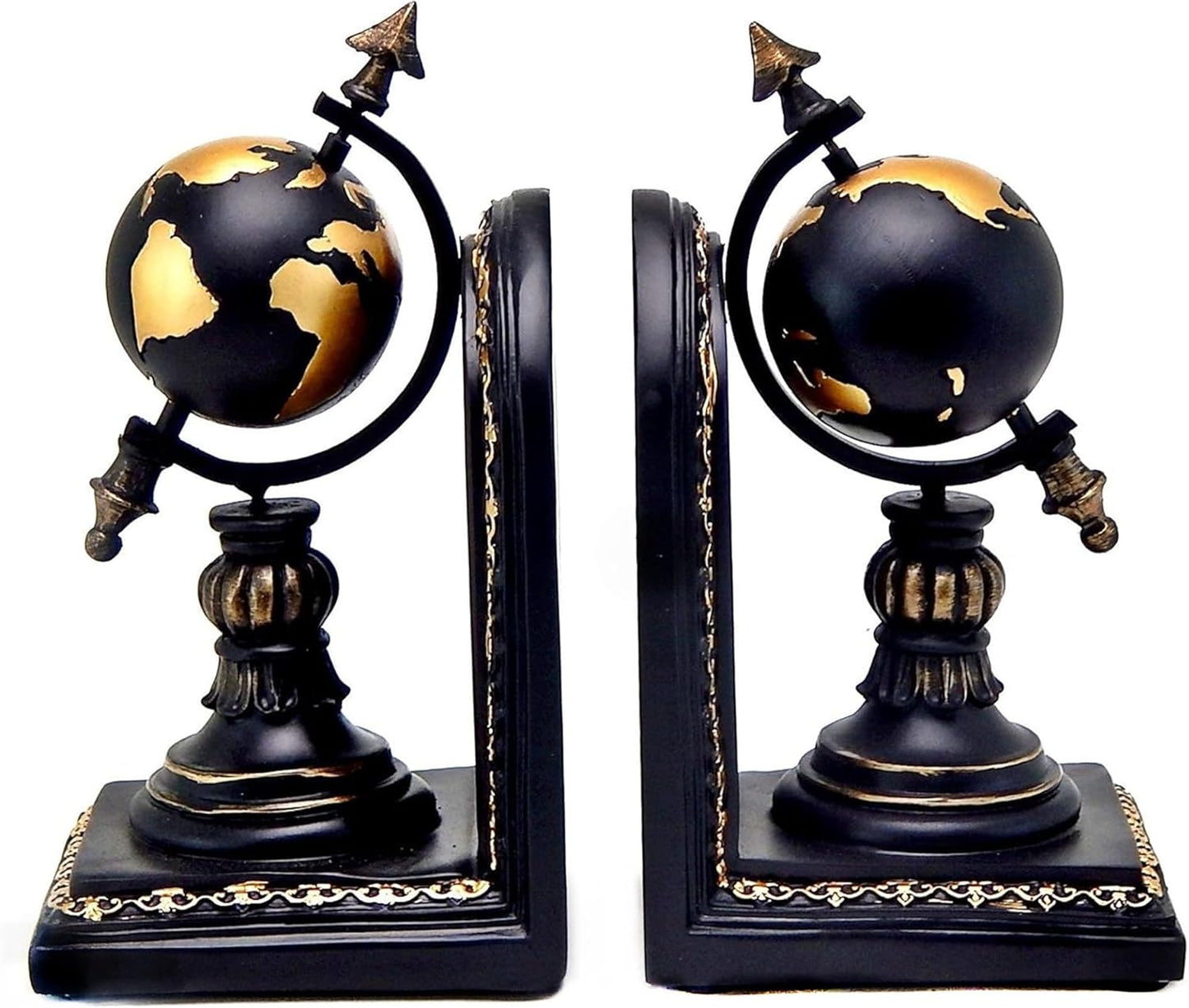 Bellaa Decorative Bookend Globe Arrow Armillary Atlas Celestial Sphere Astronomy Art Vintage Statues Book Ends Heavy Duty Shelf Supports Shelves Stoppers Holder Nonskid