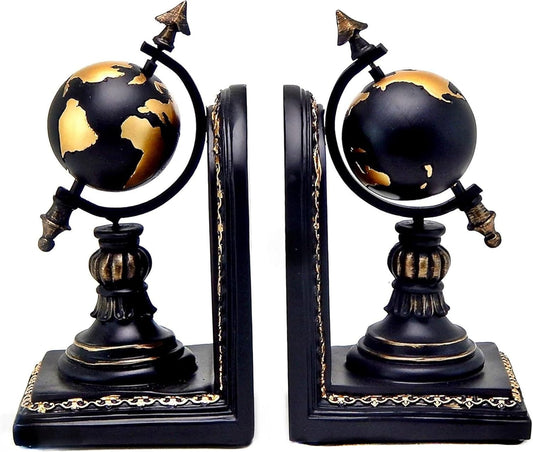 Bellaa Decorative Bookend Globe Arrow Armillary Atlas Celestial Sphere Astronomy Art Vintage Statues Book Ends Heavy Duty Shelf Supports Shelves Stoppers Holder Nonskid
