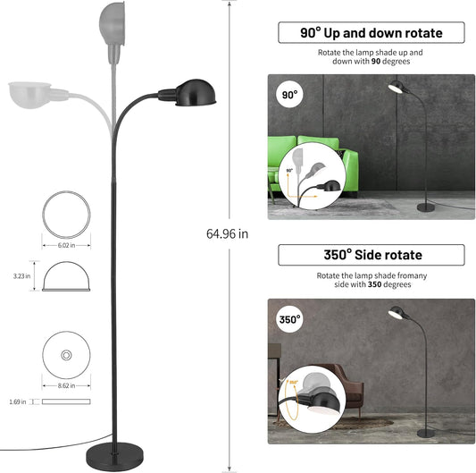 Adjustable LED Floor Lamp with Flexible Gooseneck, Rotatable Shade, E26 Socket, Sturdy 10" Base – Modern Reading Light for Living Room, Bedroom, Office (Black)