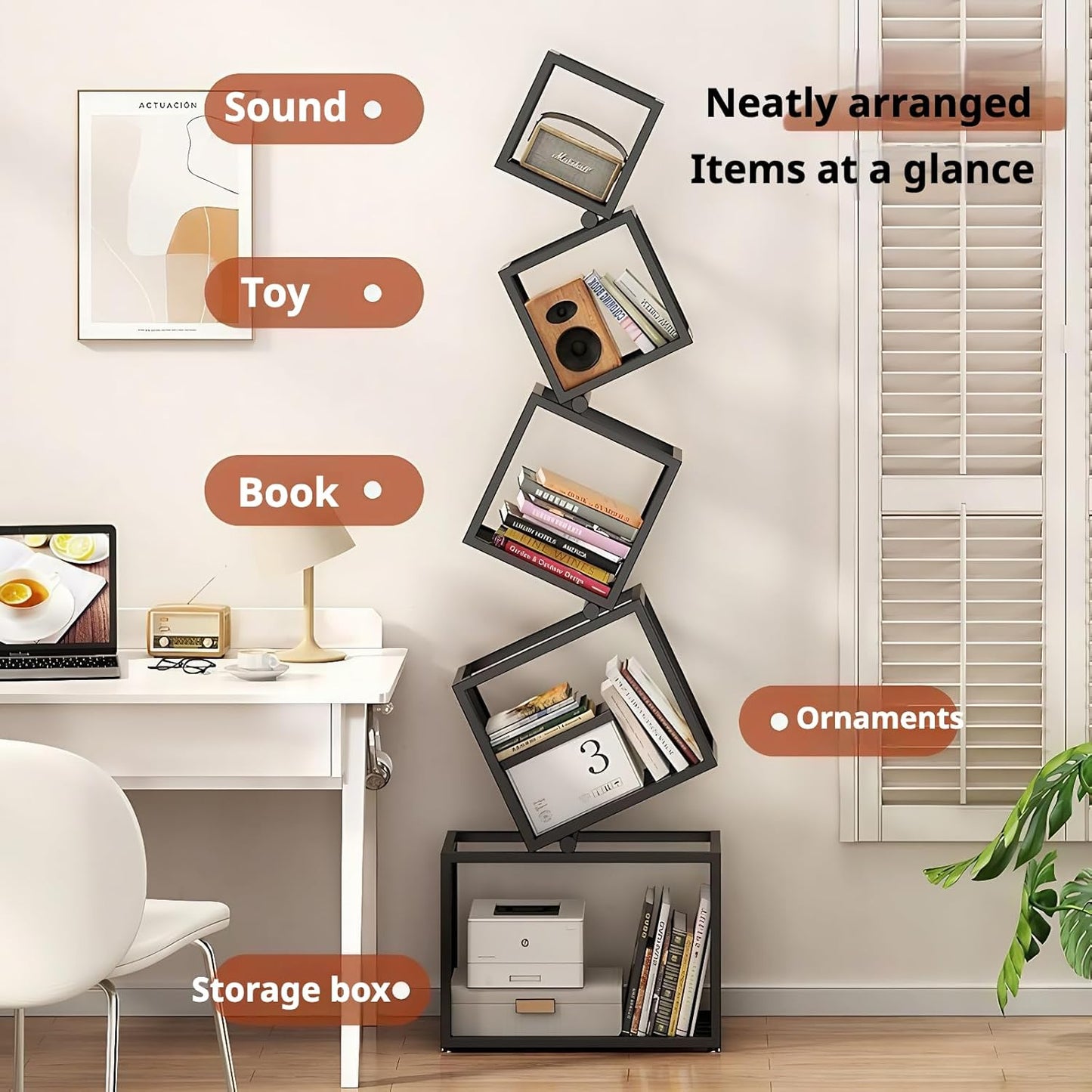 Geometric 5 Tier Bookshelf, Durable Black Metal Bookcase with Artistic Open Shelves, Tall Narrow SavingSpace Book Shelf for Living Room & Office