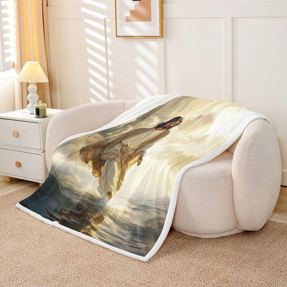 Manfei God Walking on Water Kids Throw Blanket,Western Faith Bible Verse Bed Blanket,Spiritual Modern Artwork Girls Boys Sofa Decor,Yellow Gray Fuzzy Blanket,40 x 50 Inches