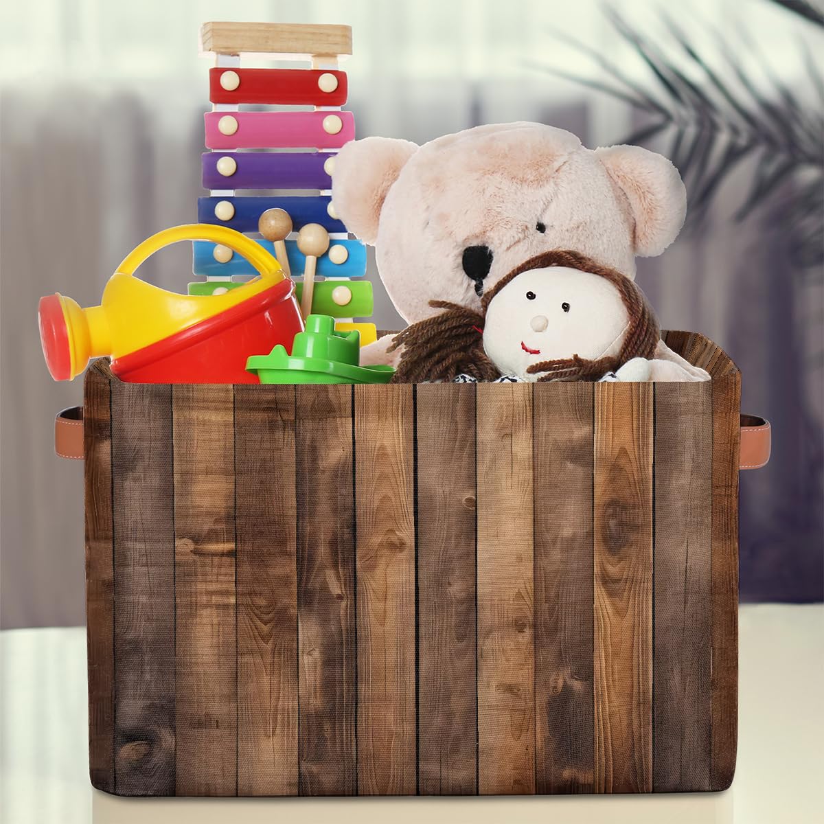 Rustic Wooden Board Storage Baskets for Organizing, Fabric Collapsible Storage Bins Box Retro Decorative Toy Organizer Baskets for Closet Shelves Gift Basket 1 Pc