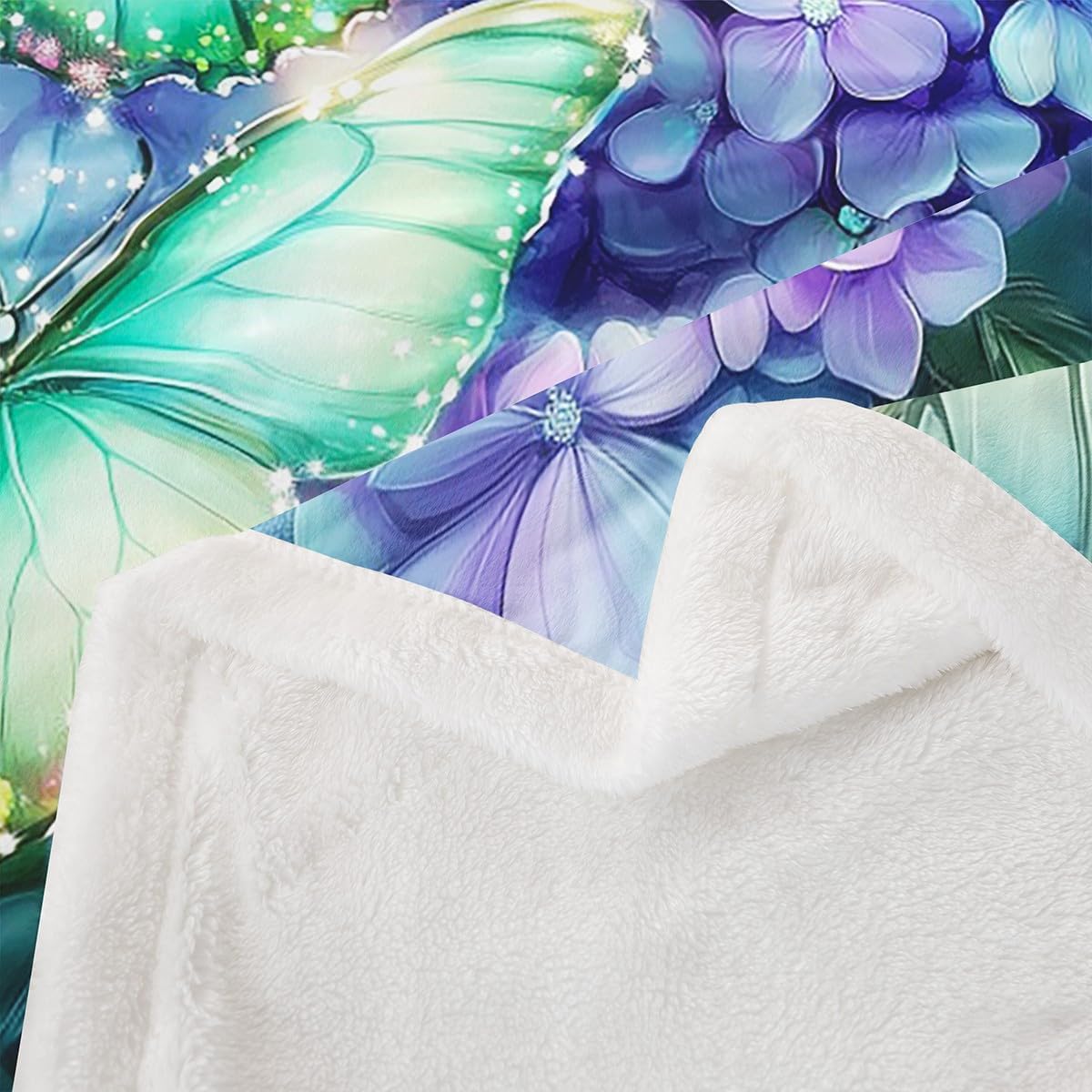 Teal Butterfly Fleece Blankets,Romantic Purple Hydrangea Flowers Throw Blanket for Sofa Adults,Watercolor Spring Floral Garden Paint Soft Blanket Bed Couch,Queen (90 x 90 Inches)