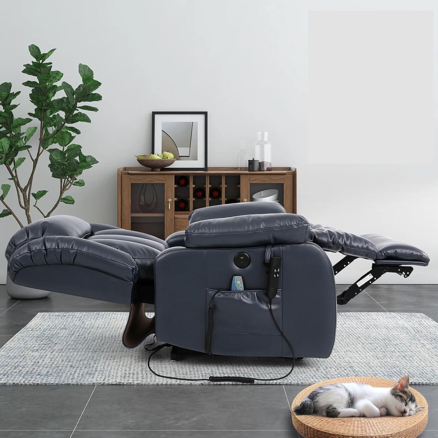 Electric Power Lift Recliner with Massage and Heat – Large Leather Sofa Chair, USB Charging Ports, Remote Control, Breathable Upholstery, Cup Holders for Elderly Living Room