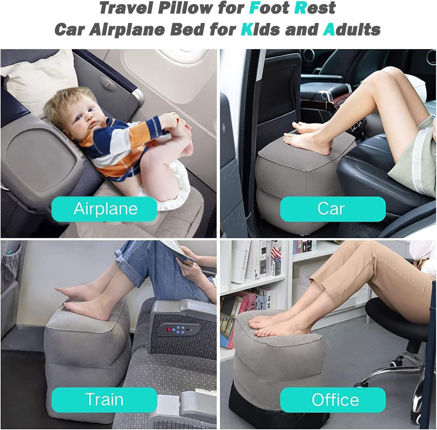 Inflatable Foot Rest Pillow for Travel, Kids/Adults Airplane Travel Pillow Kids Bed-Adjustable Height Cushions,for Kids to Sleep While Traveling,Suitable for Car,Office,Home,Travel (Black)