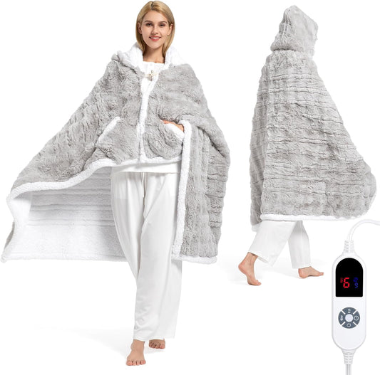 Wearable Heated Blanket Hoodie, Luxury Faux Fur & Sherpa Electric Throw Blanket, Heated Shawl Wraps Poncho with Pockets for Women Men, 3 Heat Levels & 12H Timer, ETL & FCC Certified 40"x70" Light Grey