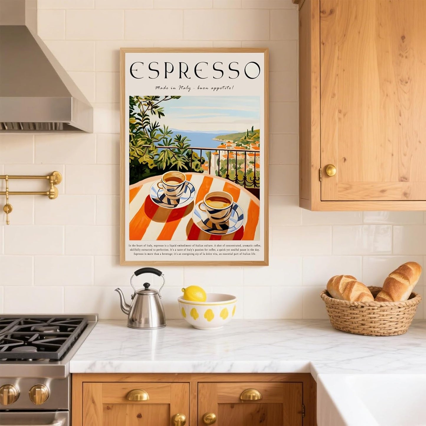 Trendy Espresso Coffee Wall Art Italian Coast Poster Breakfast Balcony View Canvas Print Vintage Cafe Wall Decor Aesthetics Italy Travel Painting for Kitchen Dining Room 16x24inch Wood Frame