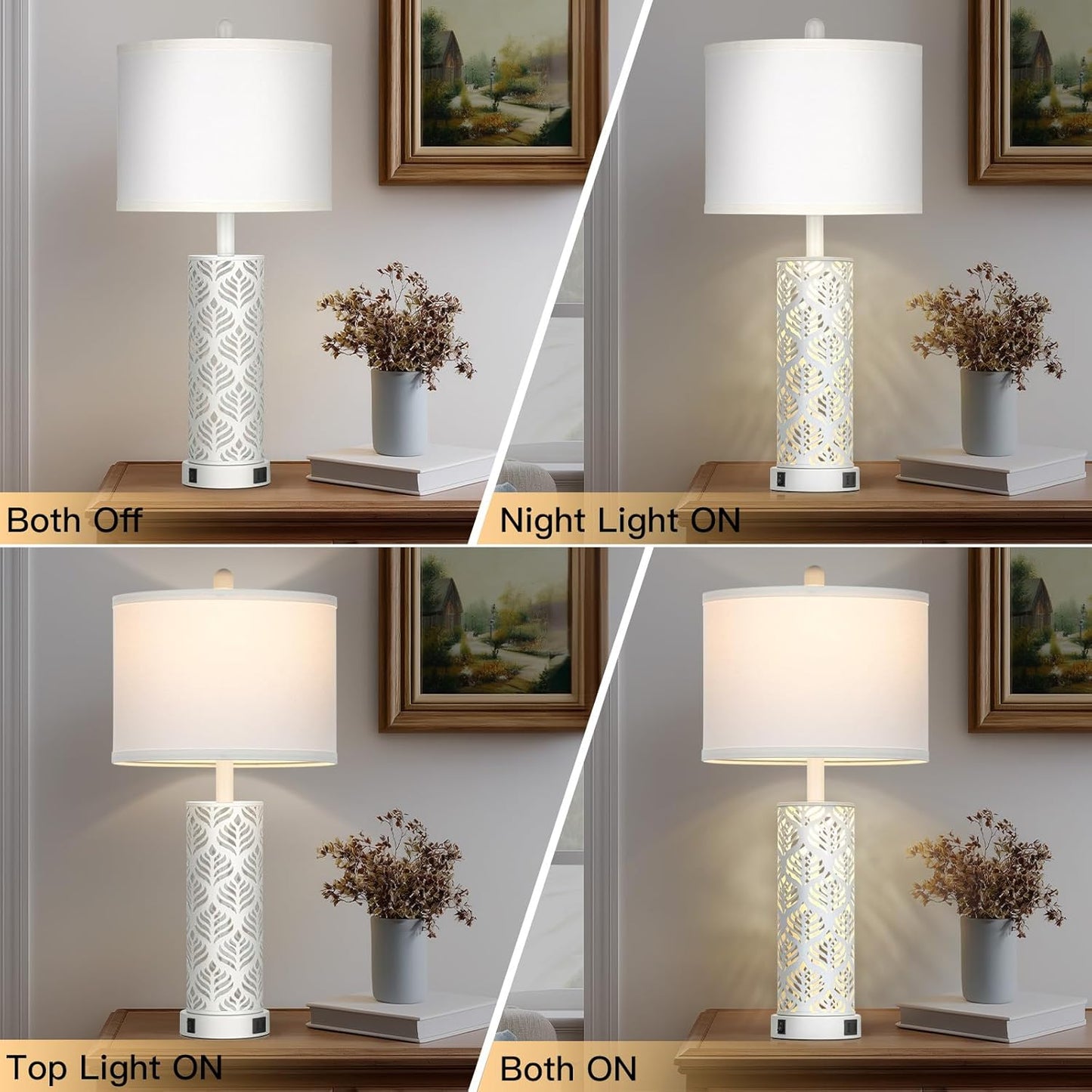 Set of 2 Rustic Table Lamps for Living Room Bedroom, Vintage Farmhouse Nightstand Lamp with 2 USB Ports, Hollow Out Metel Lamp for End Table with Nightlight (White)
