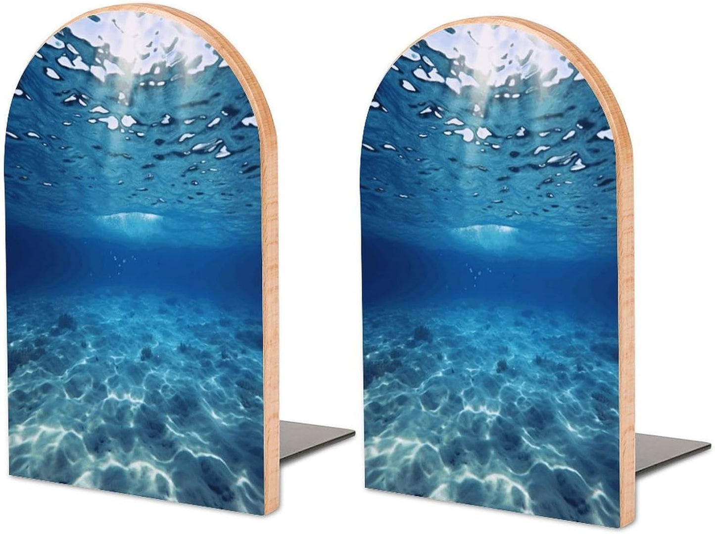 Blue Ocean Sea Bookend for Shelves Wooden Book End Large Size Sturdy Book Holders Stoppers with Metal Base for Bookshelves Slick Decorative Bookends Stands