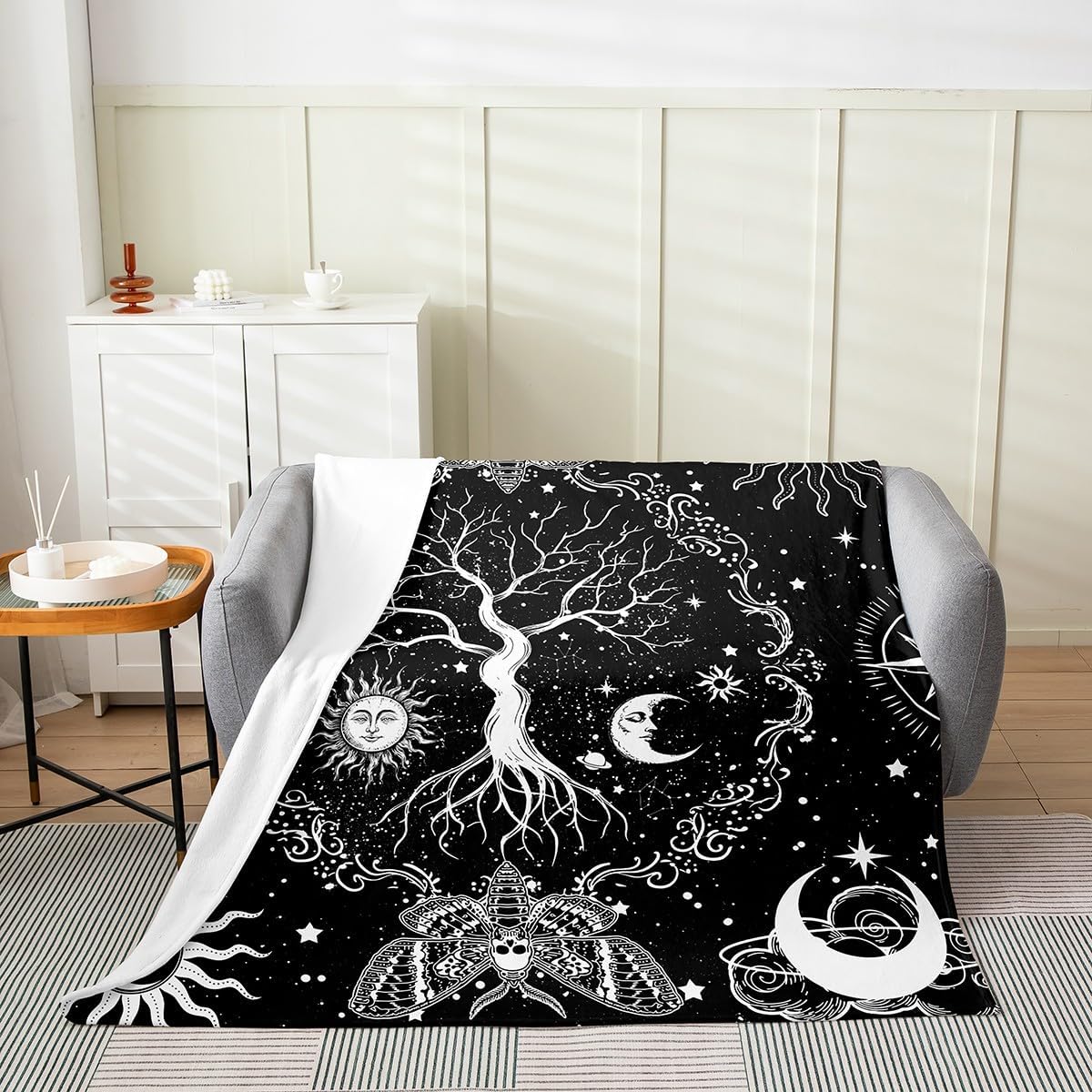Erosebridal Tree of Life Blanket Hippie Gothic Moth Throw Blanket,Sun and Moon Fleece Blanket Throw 50x60 Psychedelic Galaxy Stars Flannel Blanket,Black and White Fuzzy Blanket Sofa Bed Couch Decor