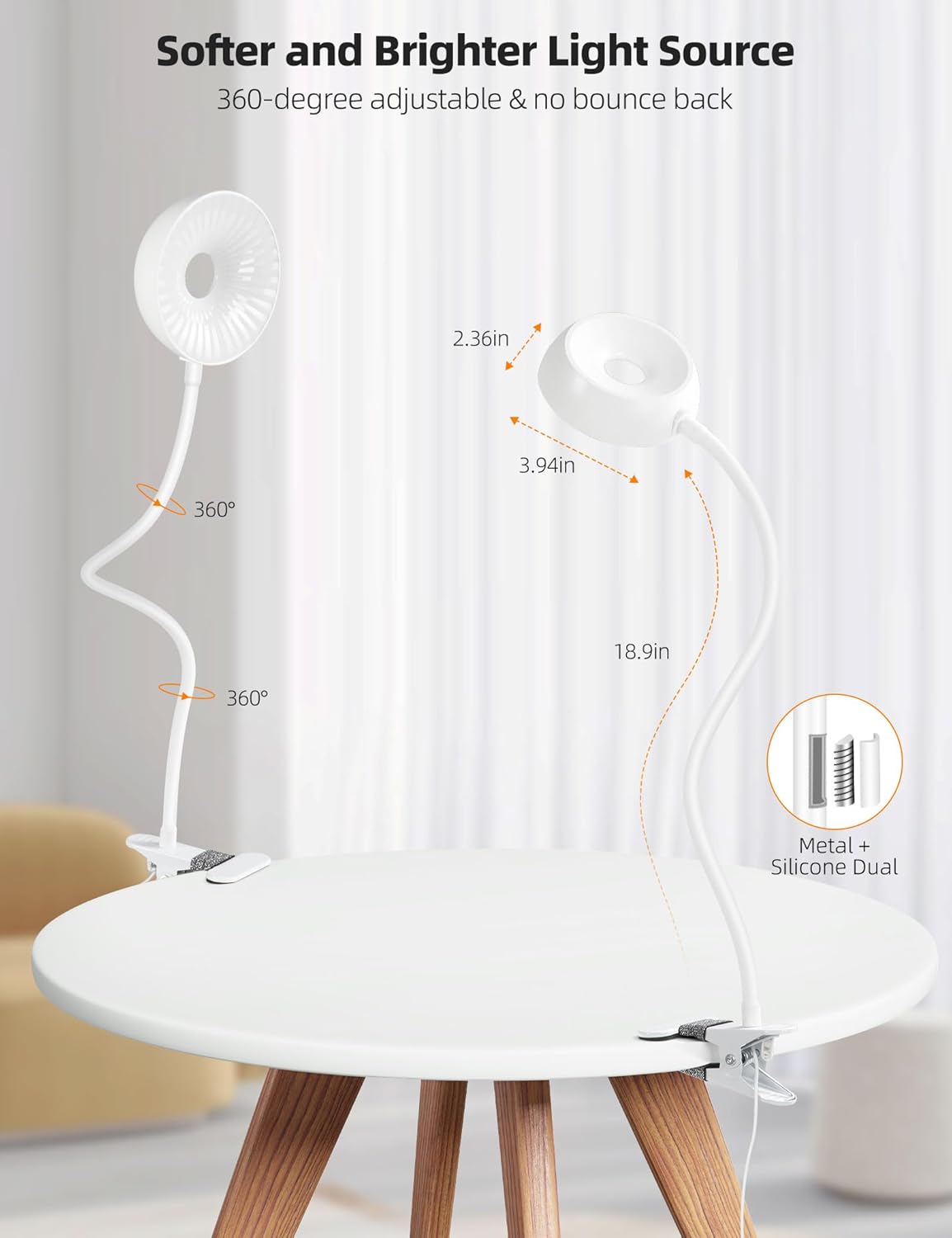 Clip on Lamp 10-Level Dimming & 5 Color Modes LED Book Light, Flexible Reading Light with Clamp for Beds, Desks, Table, Headboards, Dorm- Eye-Friendly Clip on Night Light for Kids/Adults (White)