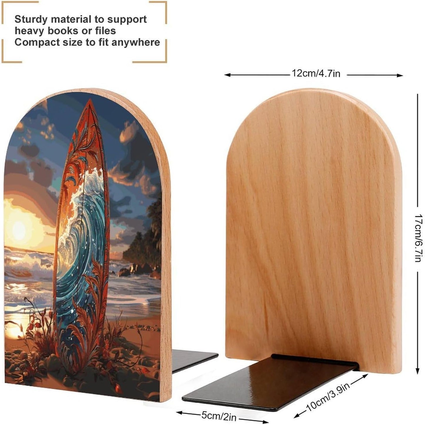 Colorful Surfboard Bookend for Shelves Wooden Book End Large Size Sturdy Book Holders Stoppers with Metal Base for Bookshelves Slick Decorative Bookends Stands