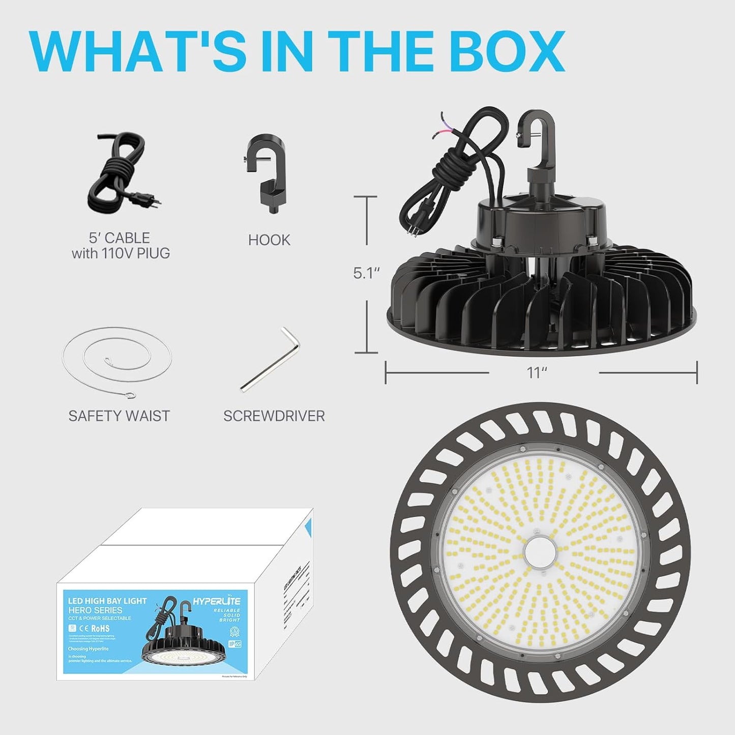 HYPERLITE UFO Led High Bay Light 150W 21,750lm 5000K 1-10V Dimmable High Bay Led Lights UL Listed US Hook 5' Cable Led High Bay Lights Alternative to 650W MH/HPS for Gym Factory Warehouse