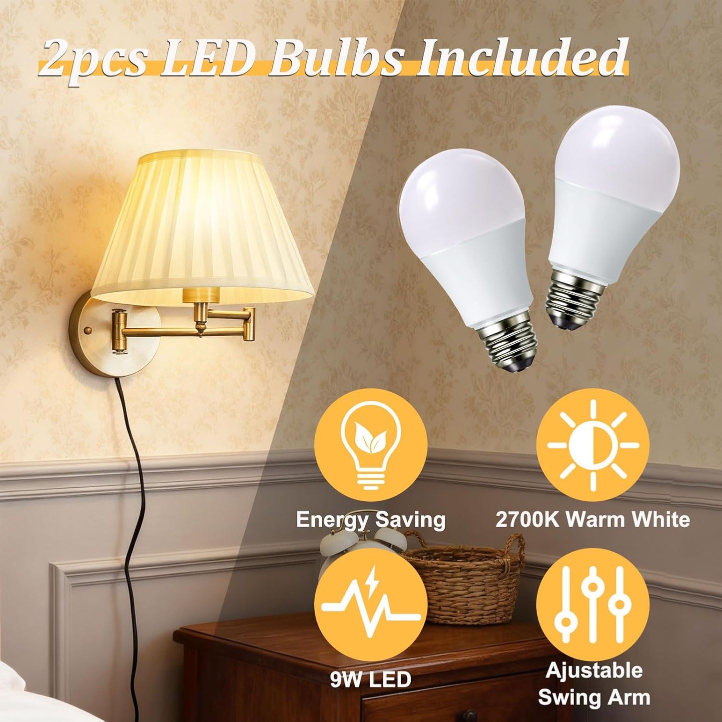 Indoor Wall Sconce Plug in Swing Arm Wall Lamp Bronze Wall Light Fixtures with Beige Fabric Shade Bedside Lights for Bedroom Hallway Study Room Living Room Reading Light