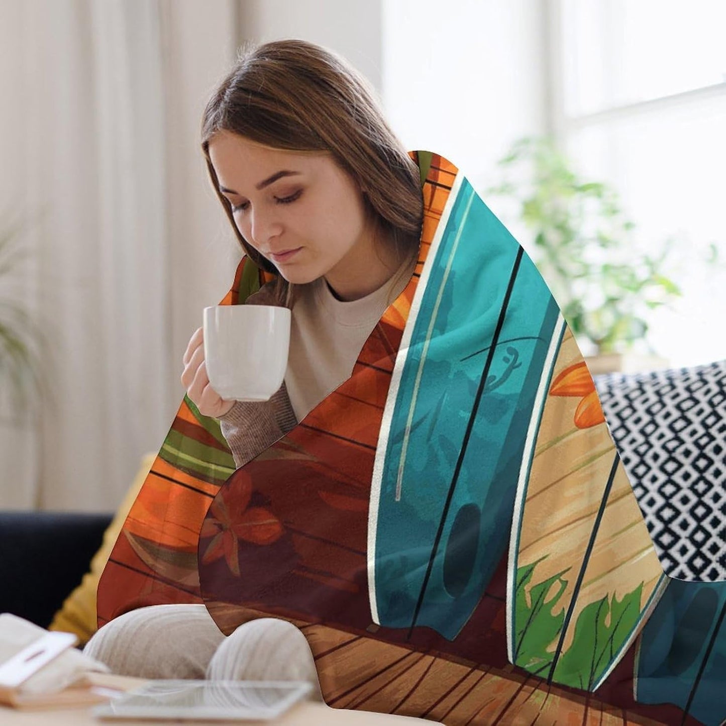 Surfboard on Wooden Blanket Super Soft Lightweight Throw Blanket Cute Cozy Warm Bed Blanket Decorative Fuzzy Blanket All-Season Home Decor Gift for Sofa Couch Living Room 30"*40"（76 * 100cm）