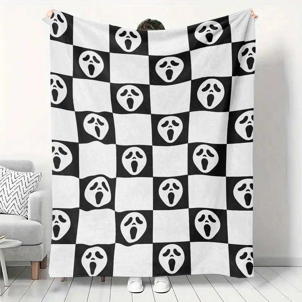 Spooky Face Throw Blanket, Black and White Checkered Pattern, Halloween Ghost Blankets Fuzzy Gifts for Sofa Couch Bedroom (60 * 80 inch)