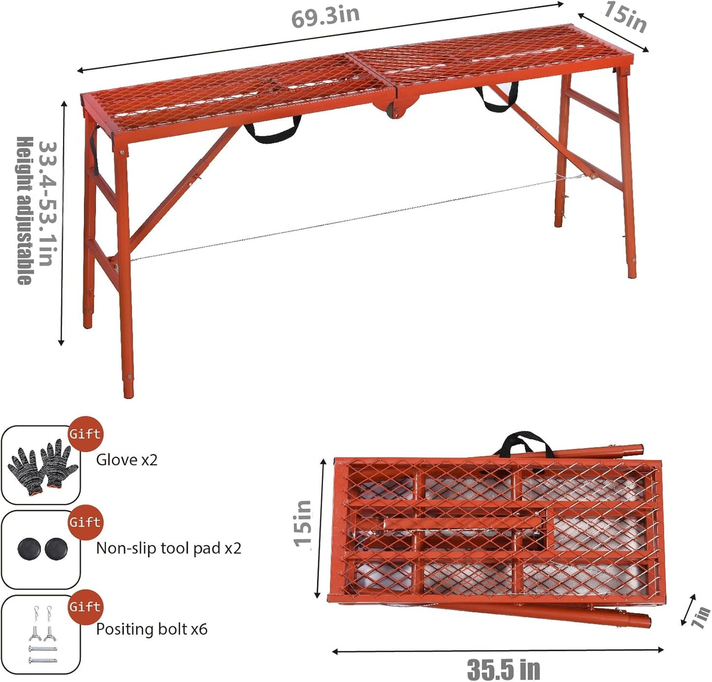 LEADALLWAY Scaffolding Platform 70(L) x15(W) x33(H) 770 Lbs Capacity Folding Adjustable Portable Work Platform Ladder,Red