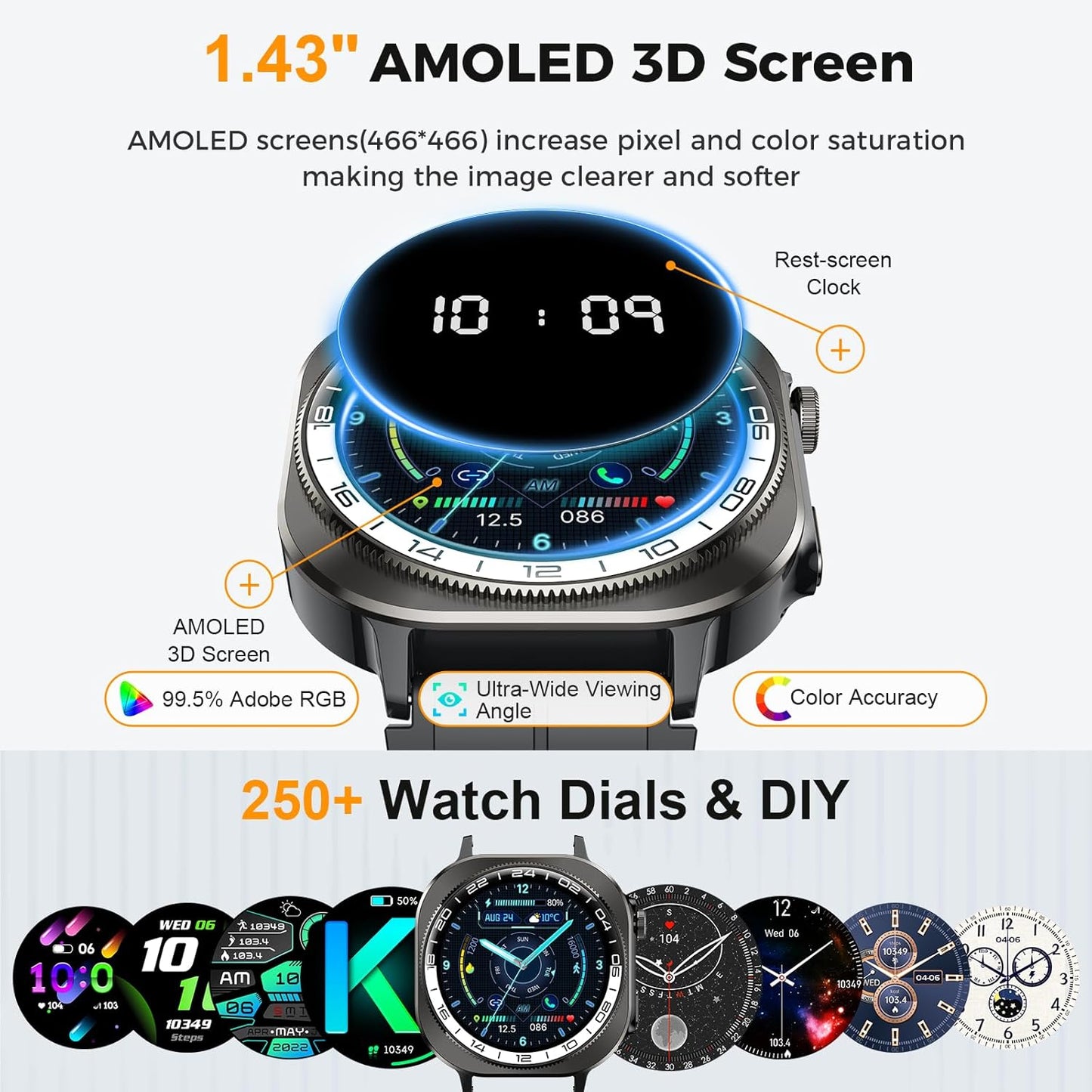 Smart Watch, 2026 AMOLED 1.43" Fitness Smartwatch for Men Women, Bluetooth 5.4 Call, 130+Sports Modes, 60+Days Flashlight, Heart Rate/Sleep Monitor, IP68 Waterproof Activity Tracker for Android iOS