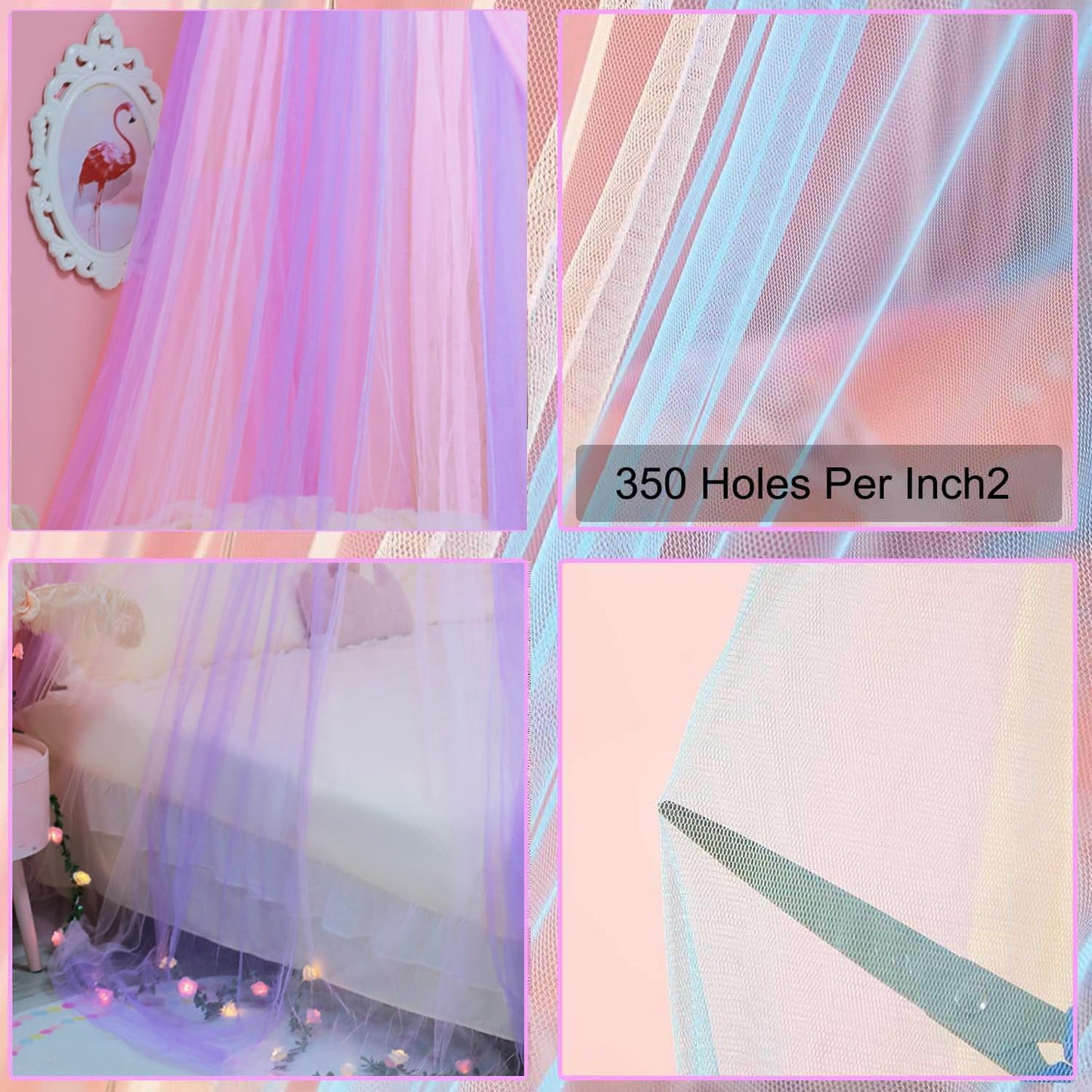 Princess Pink Purple Bed Canopy with Warm Fairy Lights for Girls Bed Net,X-Large Princess Canopy Hanging Netting for Girls Bedroom Decor,Kids Fairy Dream Play Tent for Room,Reading Corner