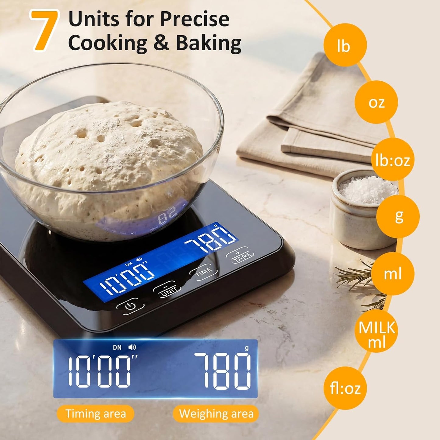 Food Scale, 33 lb / 0.1 oz High Precision Kitchen Scale for Sourdough Bread, Built-in 7 Units, Timing & Tare Function, Rechargeable Digital Kitchen Scale for Food, Baking, Cooking